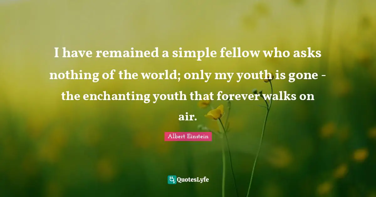 I have remained a simple fellow who asks nothing of the world; only my youth is gone - the enchanting youth that forever walks on air.