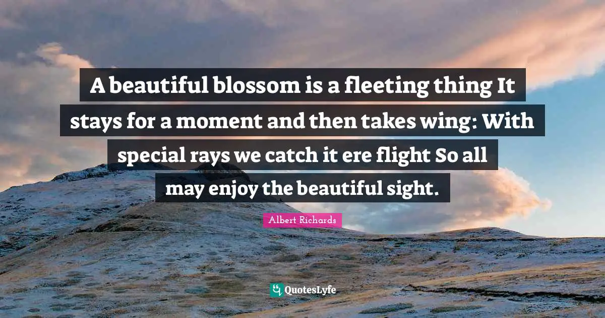 A beautiful blossom is a fleeting thing It stays for a moment and then takes wing: With special rays we catch it ere flight So all may enjoy the beautiful sight.