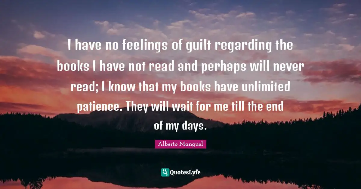 I have no feelings of guilt regarding the books I have not read and perhaps will never read; I know that my books have unlimited patience. They will wait for me till the end of my days.