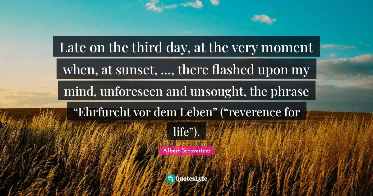 Late on the third day, at the very moment when, at sunset, ..., there flashed upon my mind, unforeseen and unsought, the phrase “Ehrfurcht vor dem Leben” (“reverence for life”).