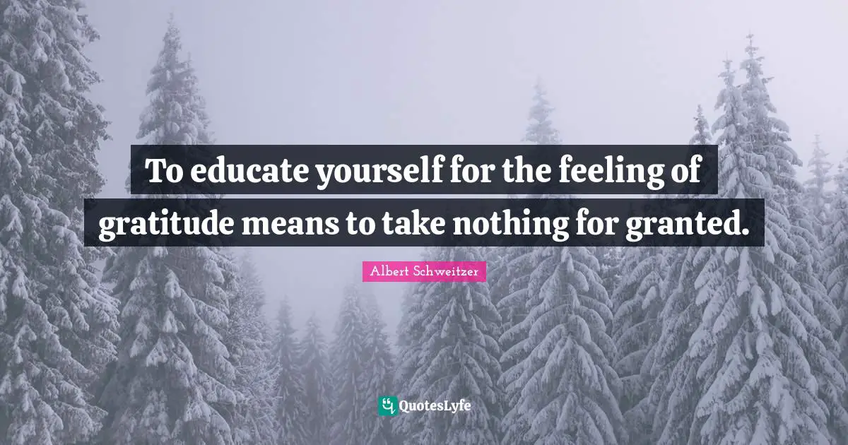 Albert Schweitzer Quotes: "To educate yourself for the feeling of gratitude means to take nothing for granted."