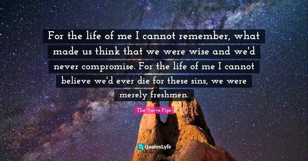 For the life of me I cannot remember, what made us think that we were wise and we'd never compromise. For the life of me I cannot believe we'd ever die for these sins, we were merely freshmen.