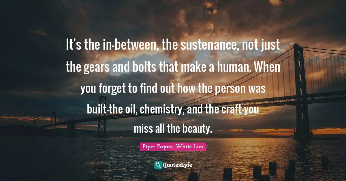 It's the in-between, the sustenance, not just the gears and bolts that make a human. When you forget to find out how the person was built—the oil, chemistry, and the craft—you miss all the beauty.