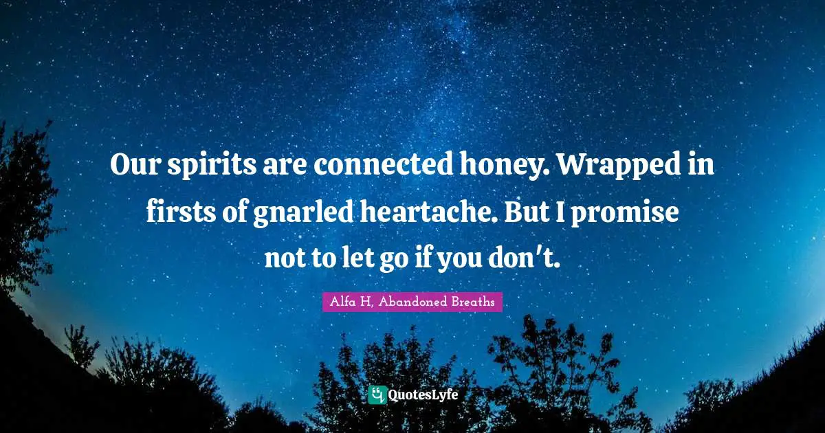 Alfa H Quotes: "Our spirits are connected honey. Wrapped in firsts of gnarled heartache. But I promise not to let go if you don't."