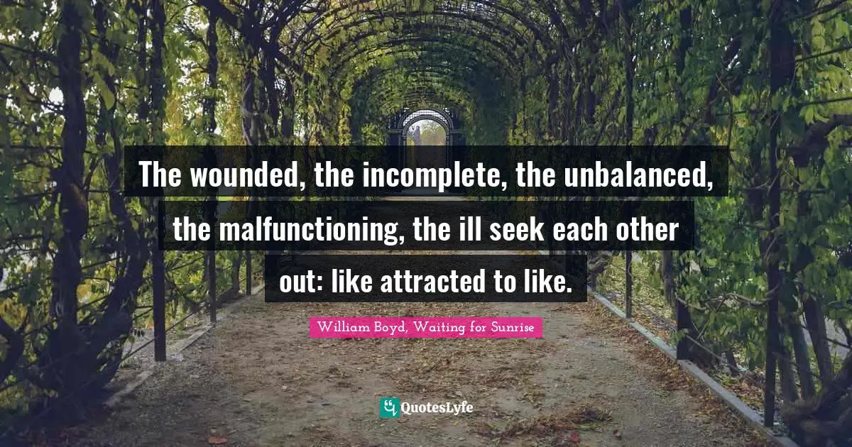 William Boyd, Waiting For Sunrise Quotes: "The wounded, the incomplete, the unbalanced, the malfunctioning, the ill seek each other out: like attracted to like."