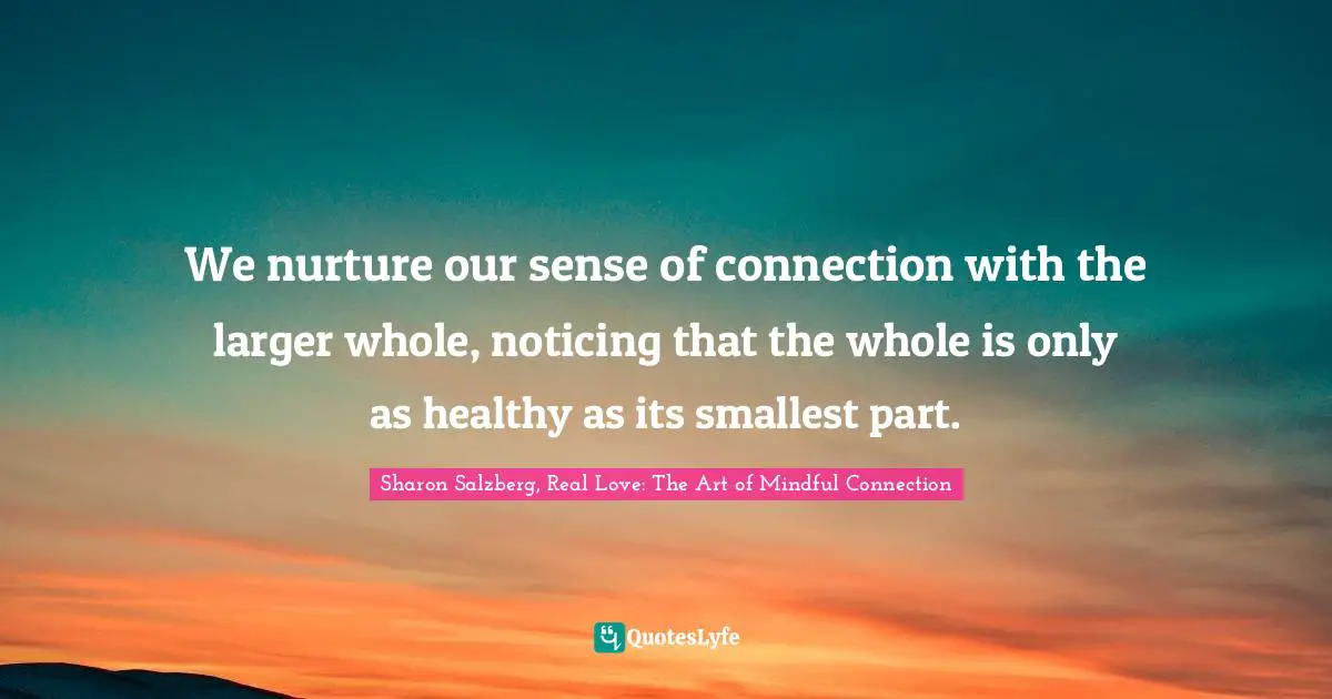 We nurture our sense of connection with the larger whole, noticing that the whole is only as healthy as its smallest part.