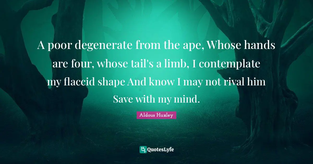 A poor degenerate from the ape, Whose hands are four, whose tail's a limb, I contemplate my flaccid shape And know I may not rival him Save with my mind.