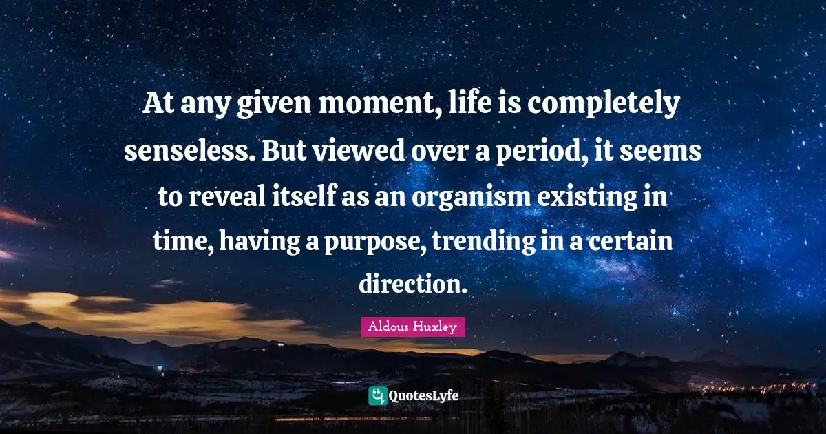 At any given moment, life is completely senseless. But viewed over a period, it seems to reveal itself as an organism existing in time, having a purpose, trending in a certain direction.