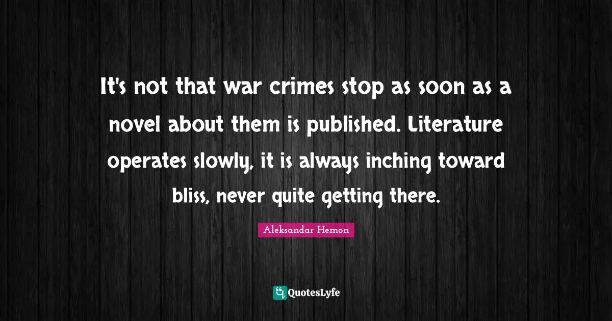 It's not that war crimes stop as soon as a novel about them is published. Literature operates slowly, it is always inching toward bliss, never quite getting there.
