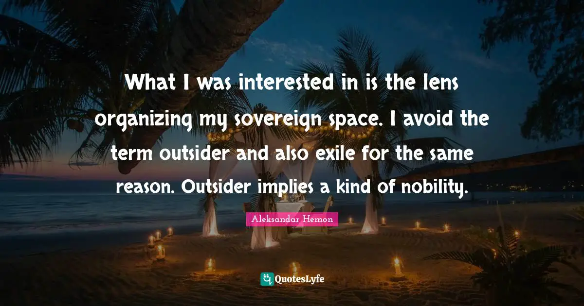 What I was interested in is the lens organizing my sovereign space. I avoid the term outsider and also exile for the same reason. Outsider implies a kind of nobility.