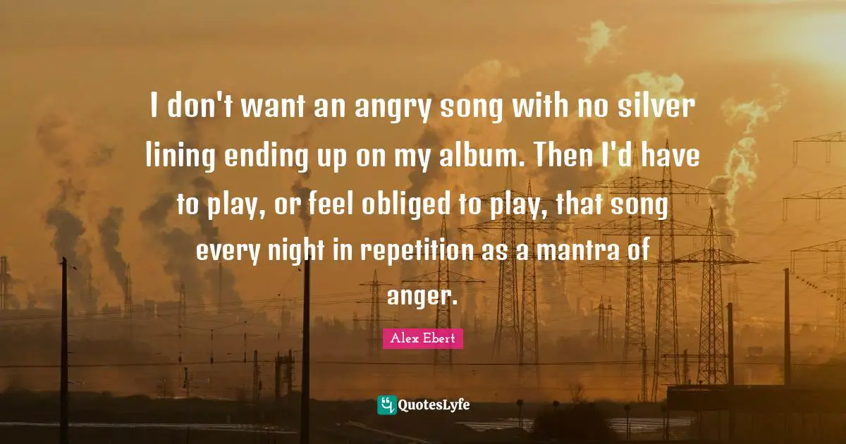 I don't want an angry song with no silver lining ending up on my album. Then I'd have to play, or feel obliged to play, that song every night in repetition as a mantra of anger.