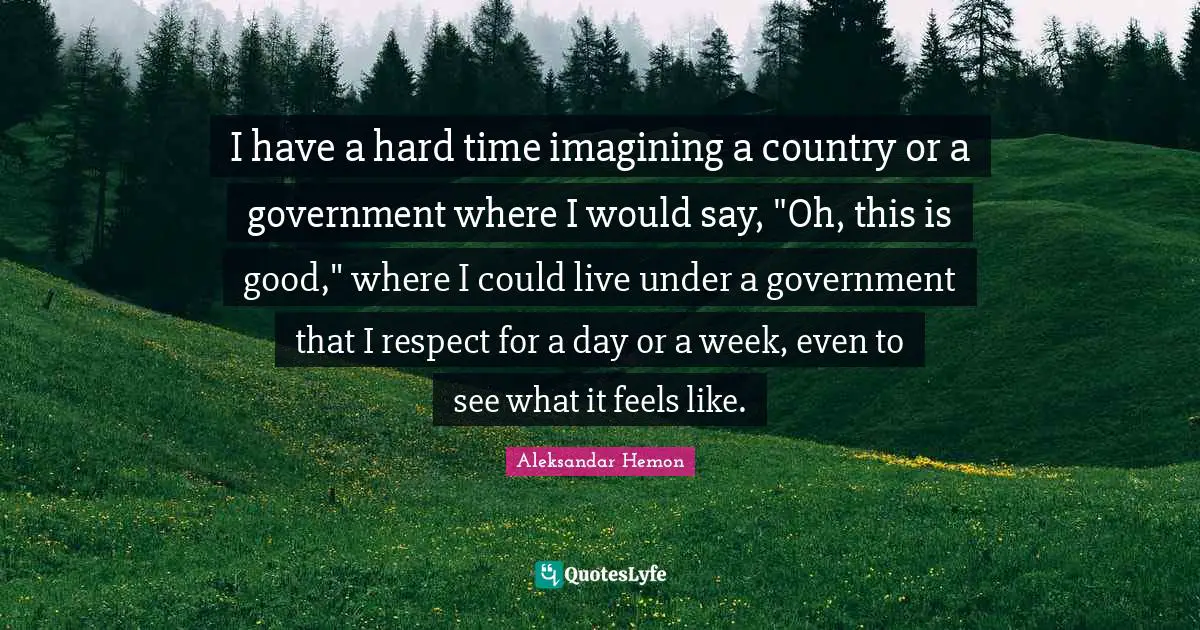 I have a hard time imagining a country or a government where I would say, "Oh, this is good," where I could live under a government that I respect for a day or a week, even to see what it feels like.