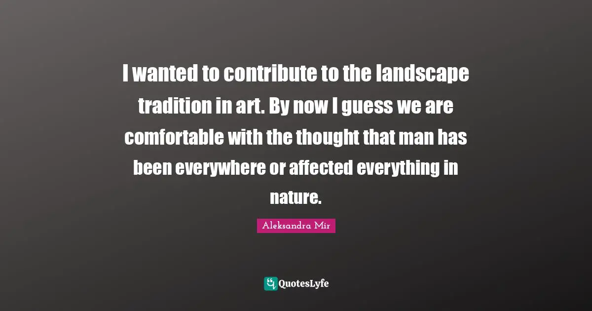 I wanted to contribute to the landscape tradition in art. By now I guess we are comfortable with the thought that man has been everywhere or affected everything in nature.