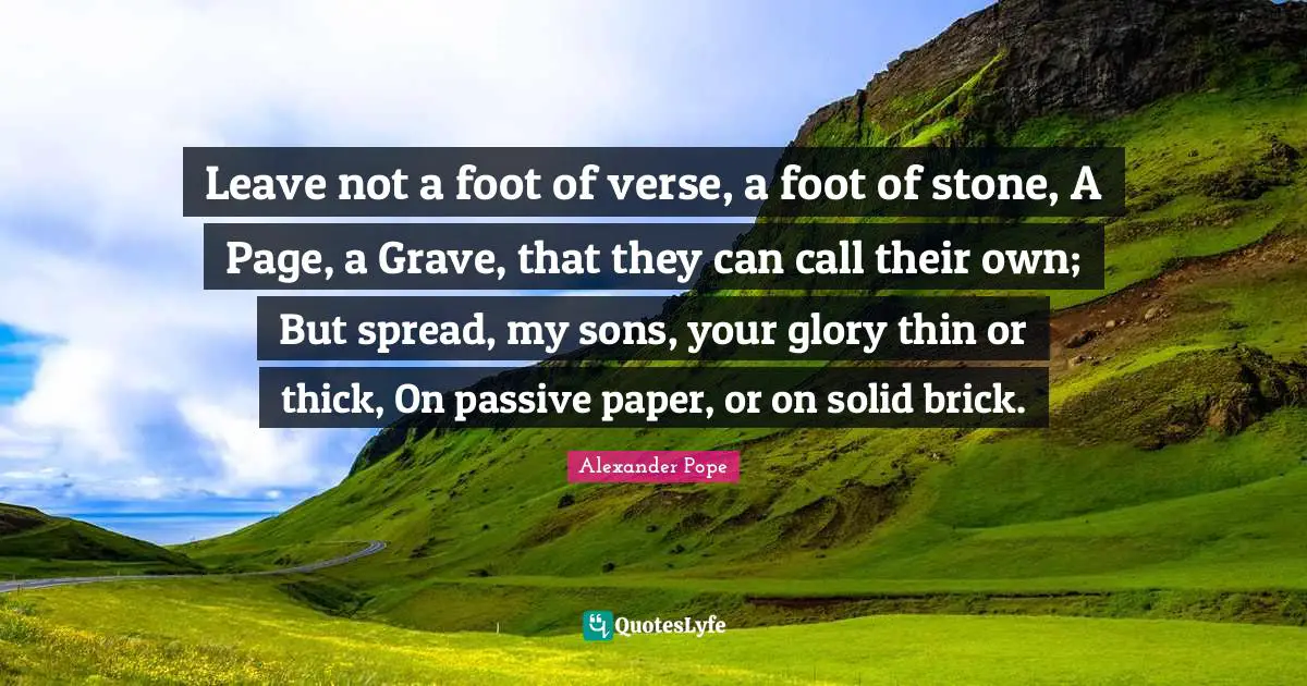Leave not a foot of verse, a foot of stone, A Page, a Grave, that they can call their own; But spread, my sons, your glory thin or thick, On passive paper, or on solid brick.