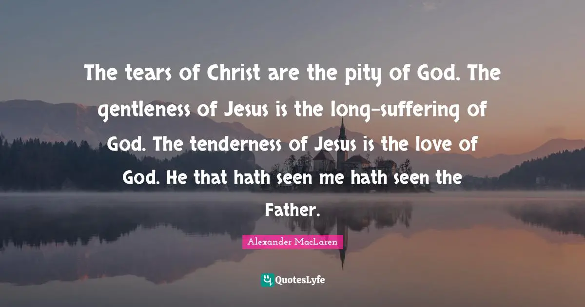 Alexander MacLaren Quotes: "The tears of Christ are the pity of God. The gentleness of Jesus is the long-suffering of God. The tenderness of Jesus is the love of God. He that hath seen me hath seen the Father."