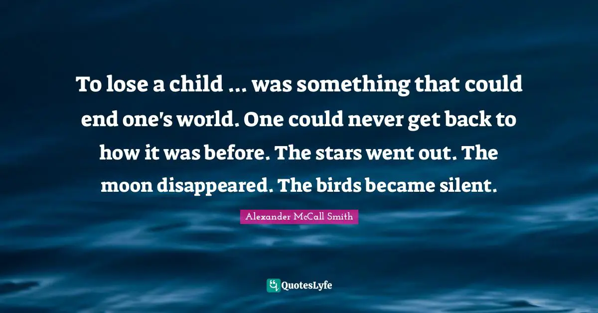 To lose a child ... was something that could end one's world. One could never get back to how it was before. The stars went out. The moon disappeared. The birds became silent.