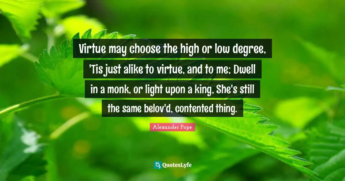 Virtue may choose the high or low degree, 'Tis just alike to virtue, and to me; Dwell in a monk, or light upon a king, She's still the same belov'd, contented thing.