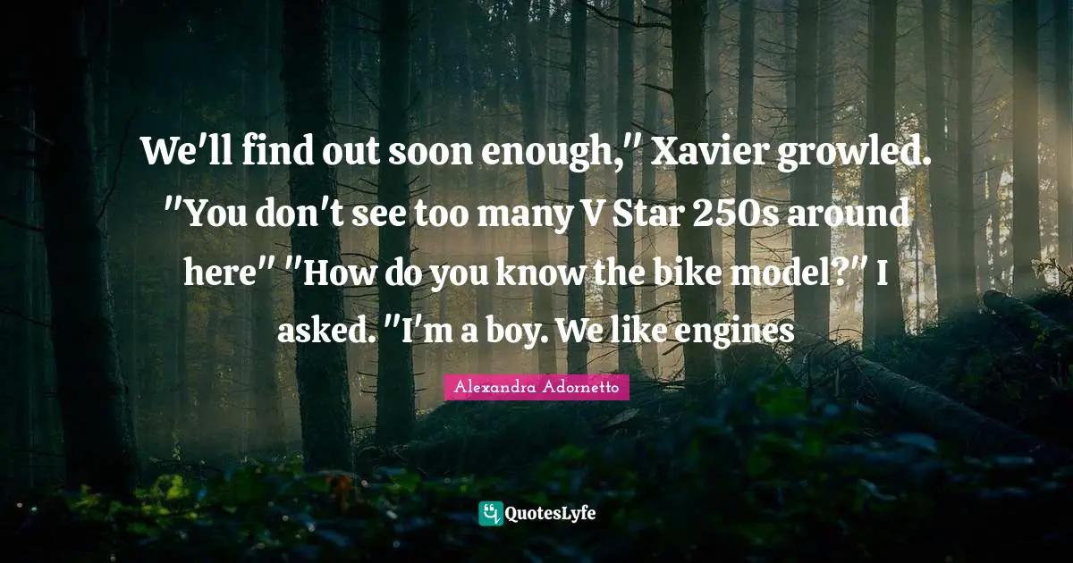 We'll find out soon enough," Xavier growled. "You don't see too many V Star 250s around here" "How do you know the bike model?" I asked. "I'm a boy. We like engines