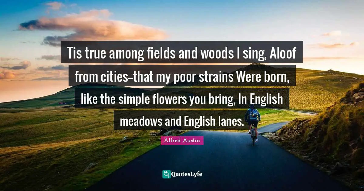 Alfred Austin Quotes: "Tis true among fields and woods I sing, Aloof from cities--that my poor strains Were born, like the simple flowers you bring, In English meadows and English lanes."
