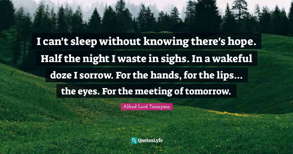 Alfred Lord Tennyson Quotes: I can't sleep without knowing there's hope. Half the night I waste in sighs. In a wakeful doze I sorrow. For the hands, for the lips... the eyes. For the meeting of tomorrow.