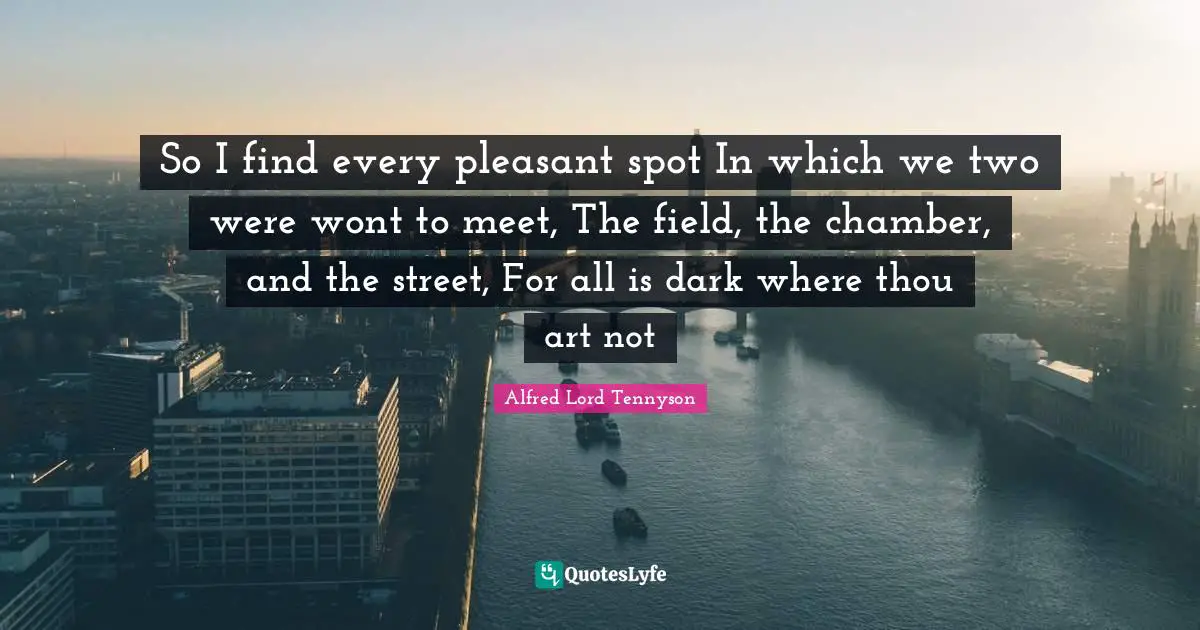 So I find every pleasant spot In which we two were wont to meet, The field, the chamber, and the street, For all is dark where thou art not