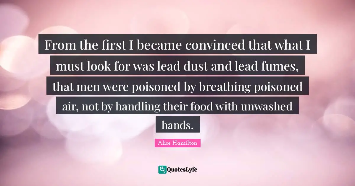 From the first I became convinced that what I must look for was lead dust and lead fumes, that men were poisoned by breathing poisoned air, not by handling their food with unwashed hands.