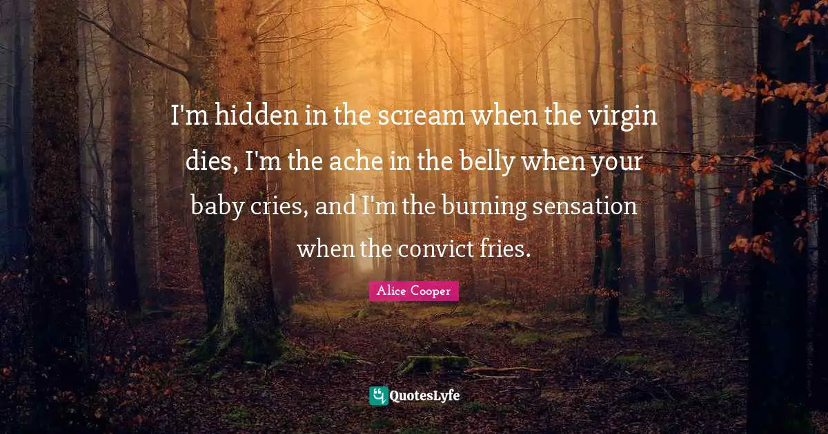 I'm hidden in the scream when the virgin dies, I'm the ache in the belly when your baby cries, and I'm the burning sensation when the convict fries.