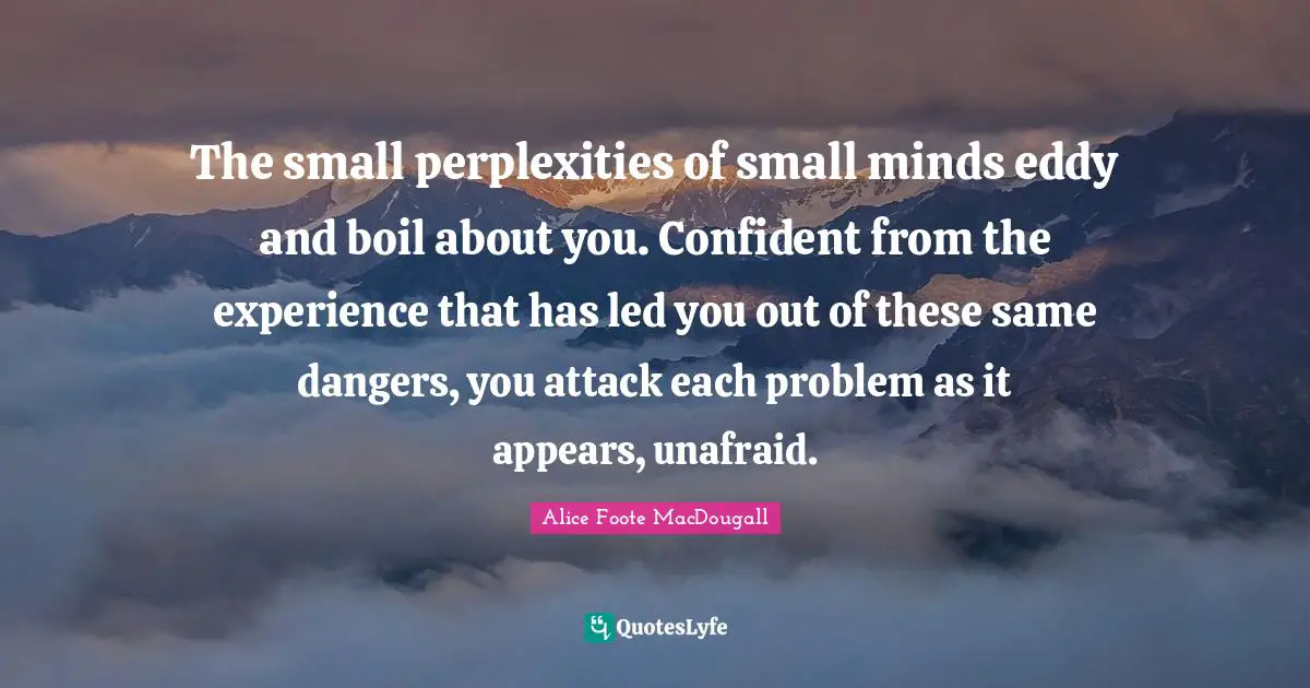 The small perplexities of small minds eddy and boil about you. Confident from the experience that has led you out of these same dangers, you attack each problem as it appears, unafraid.