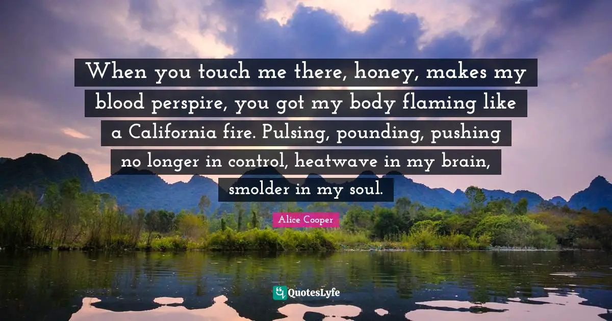 When you touch me there, honey, makes my blood perspire, you got my body flaming like a California fire. Pulsing, pounding, pushing no longer in control, heatwave in my brain, smolder in my soul.