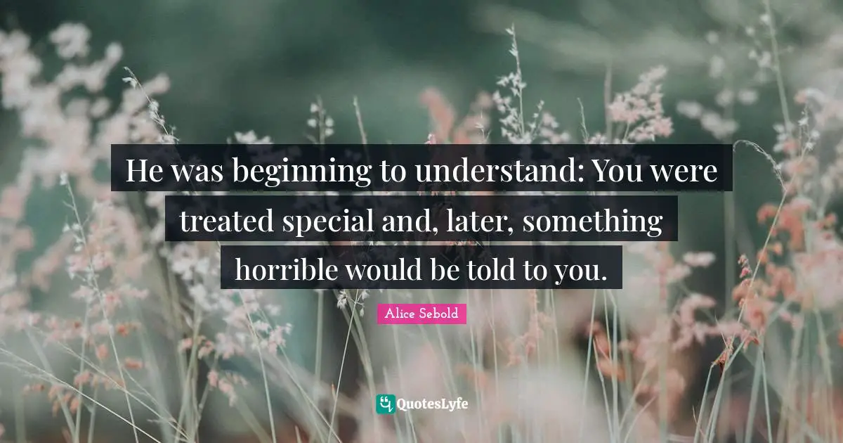Alice Sebold Quotes: "He was beginning to understand: You were treated special and, later, something horrible would be told to you."