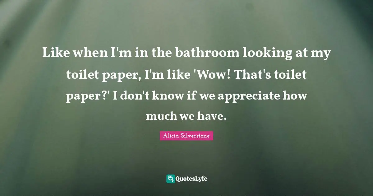 Alicia Silverstone Quotes: "Like when I'm in the bathroom looking at my toilet paper, I'm like 'Wow! That's toilet paper?' I don't know if we appreciate how much we have."