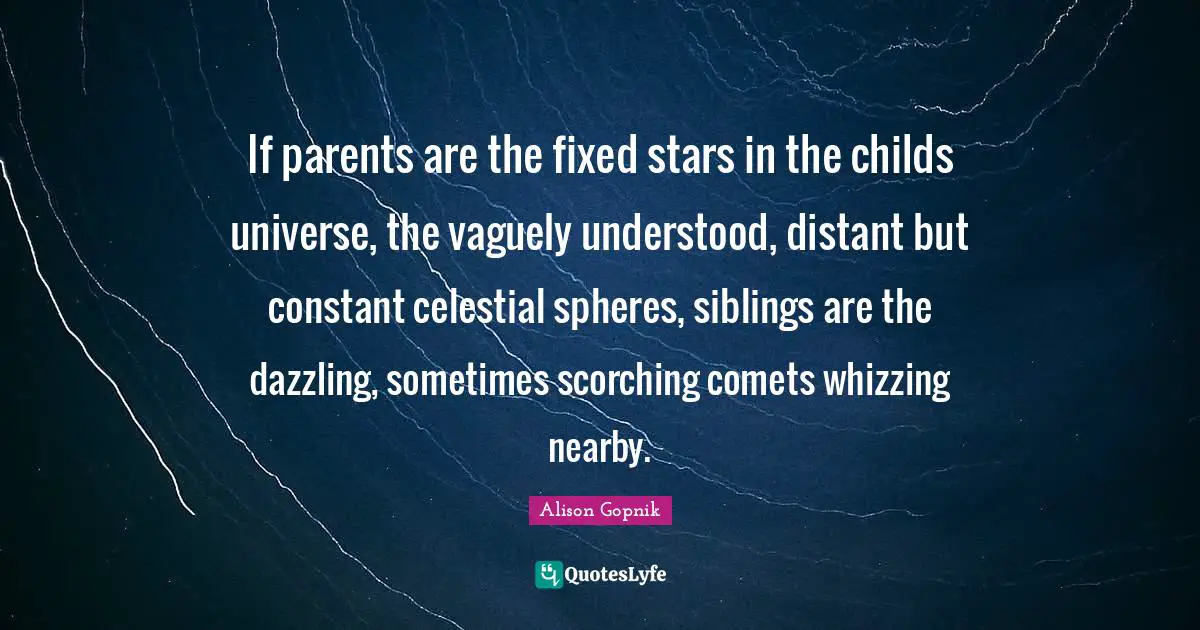 If parents are the fixed stars in the childs universe, the vaguely understood, distant but constant celestial spheres, siblings are the dazzling, sometimes scorching comets whizzing nearby.
