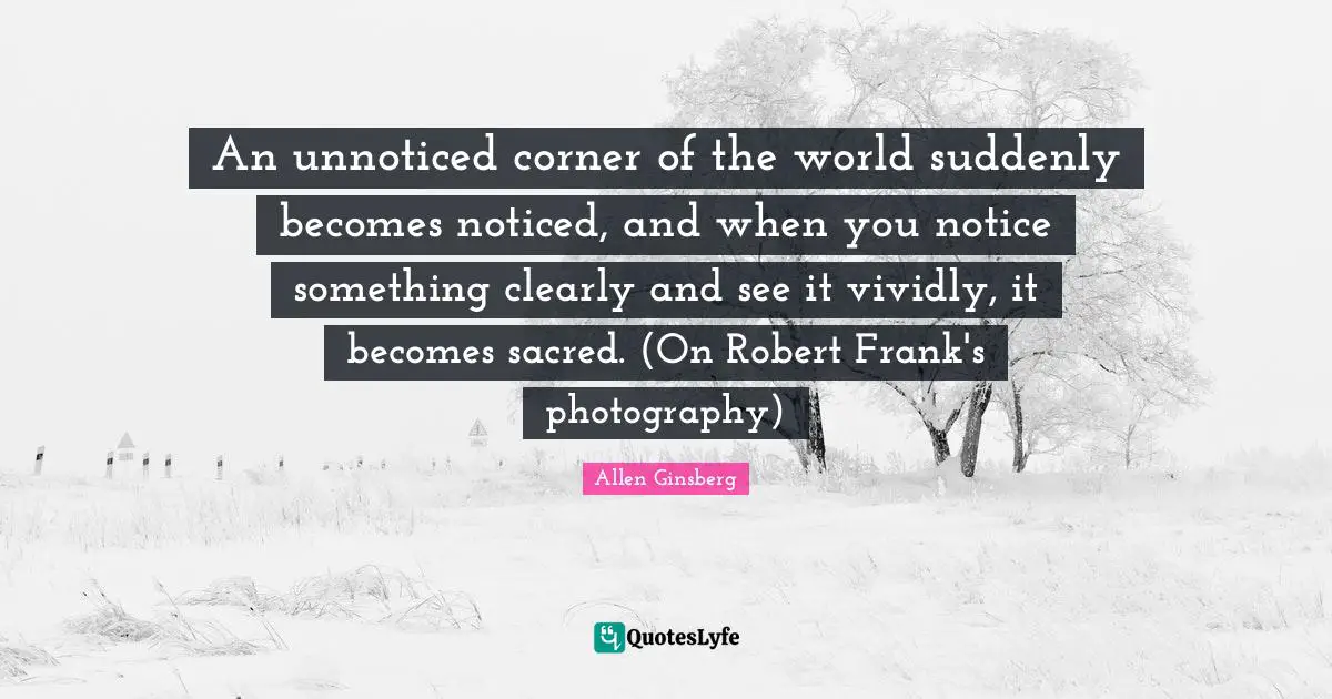 An unnoticed corner of the world suddenly becomes noticed, and when you notice something clearly and see it vividly, it becomes sacred. (On Robert Frank's photography)