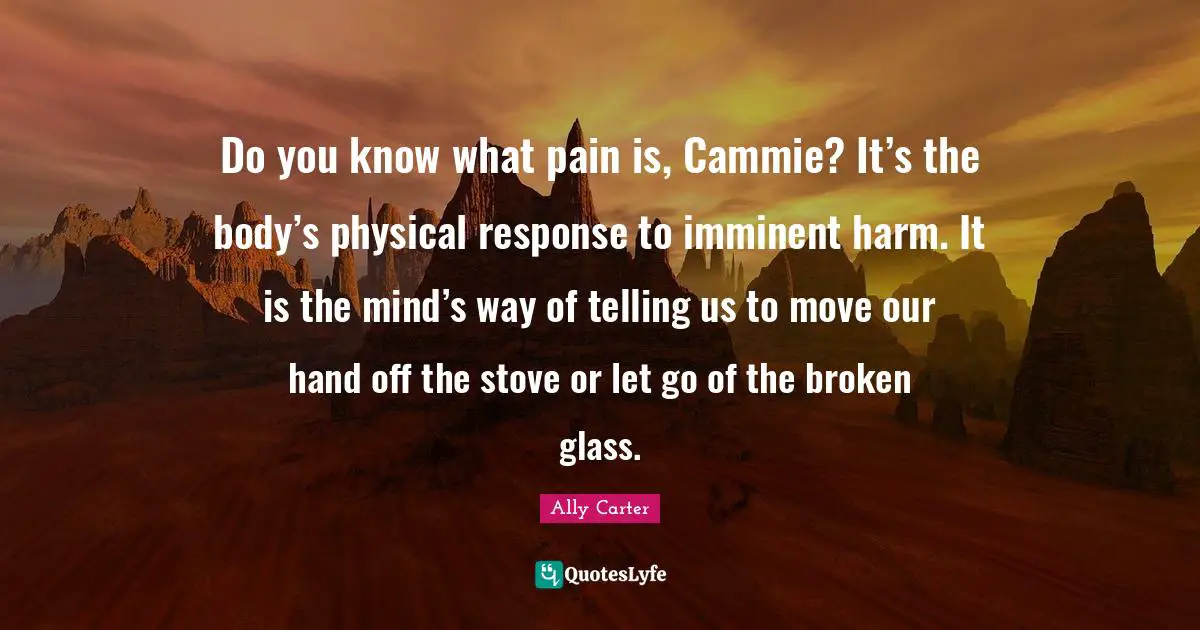 Do you know what pain is, Cammie? It’s the body’s physical response to imminent harm. It is the mind’s way of telling us to move our hand off the stove or let go of the broken glass.
