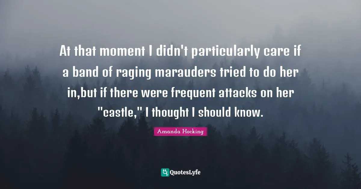 At that moment I didn't particularly care if a band of raging marauders tried to do her in,but if there were frequent attacks on her "castle," I thought I should know.