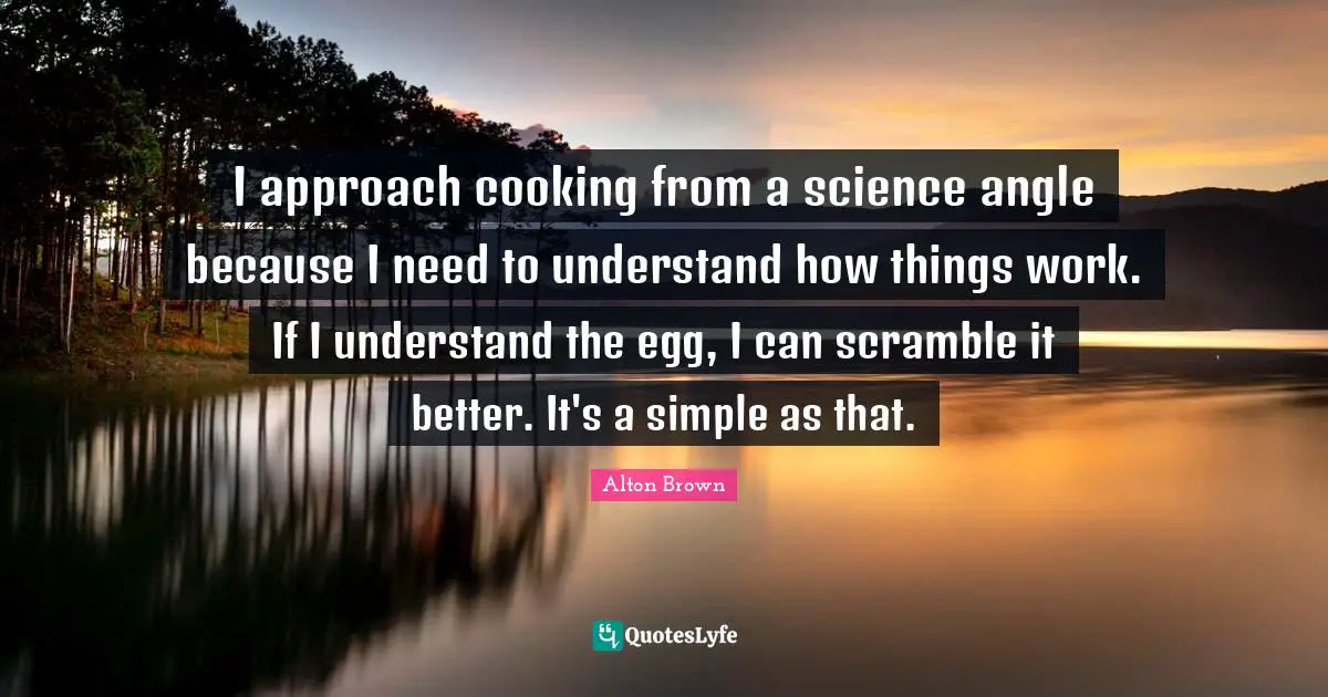 Alton Brown Quotes: "I approach cooking from a science angle because I need to understand how things work. If I understand the egg, I can scramble it better. It's a simple as that."