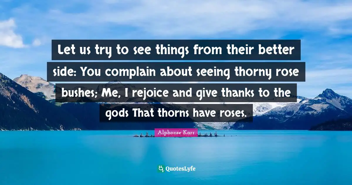 Let us try to see things from their better side: You complain about seeing thorny rose bushes; Me, I rejoice and give thanks to the gods That thorns have roses.