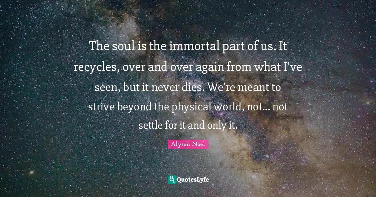 The soul is the immortal part of us. It recycles, over and over again from what I've seen, but it never dies. We're meant to strive beyond the physical world, not... not settle for it and only it.