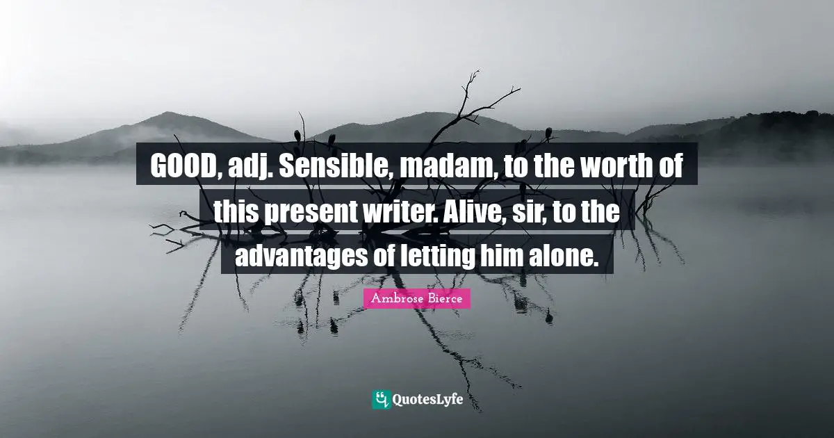 GOOD, adj. Sensible, madam, to the worth of this present writer. Alive, sir, to the advantages of letting him alone.