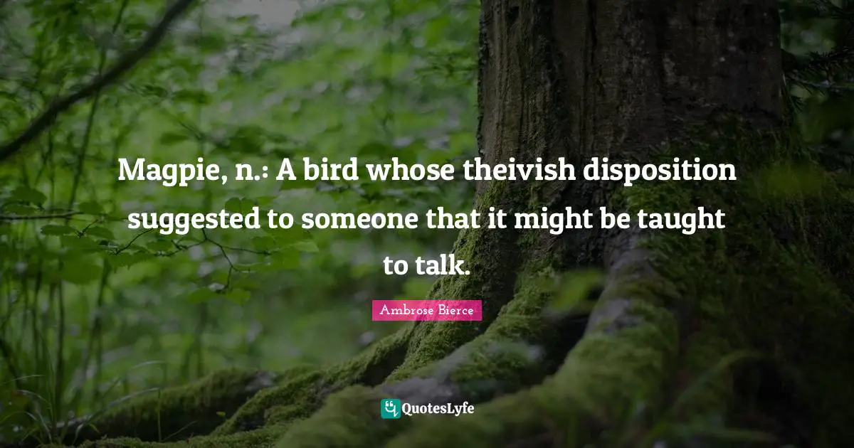 Ambrose Bierce Quotes: "Magpie, n.: A bird whose theivish disposition suggested to someone that it might be taught to talk."