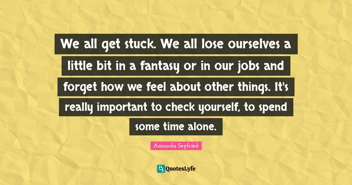 Fantasy Quotes: "We all get stuck. We all lose ourselves a little bit in a fantasy or in our jobs and forget how we feel about other things. It's really important to check yourself, to spend some time alone."