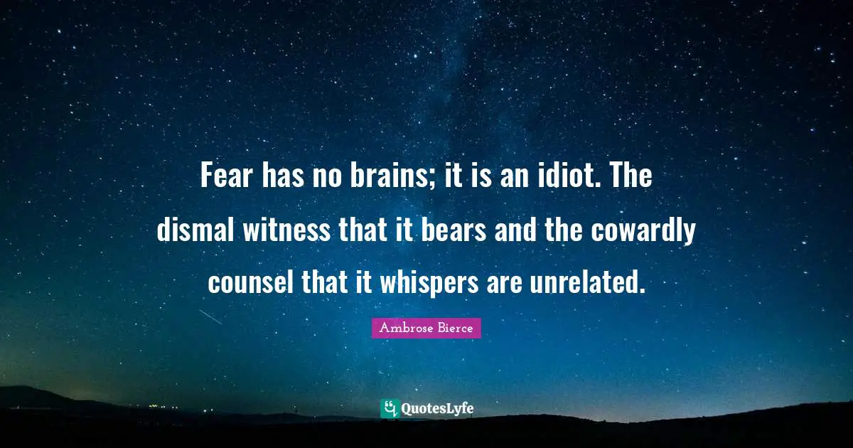 Fear has no brains; it is an idiot. The dismal witness that it bears and the cowardly counsel that it whispers are unrelated.