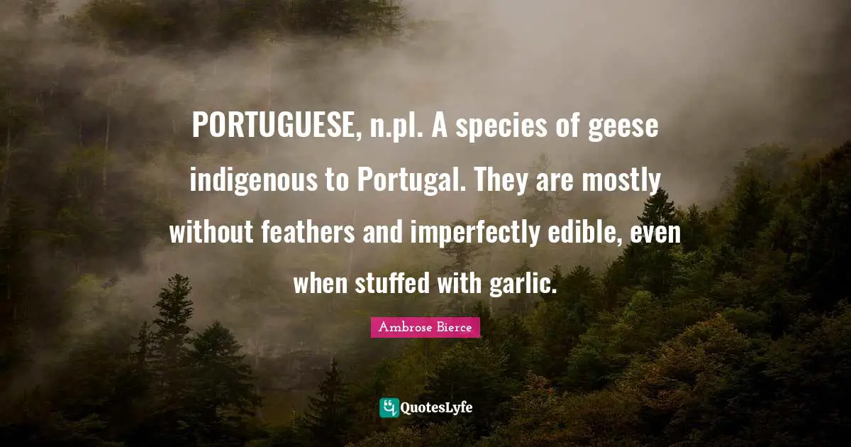 Geese Quotes: "PORTUGUESE, n.pl. A species of geese indigenous to Portugal. They are mostly without feathers and imperfectly edible, even when stuffed with garlic."