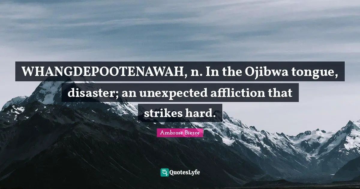 WHANGDEPOOTENAWAH, n. In the Ojibwa tongue, disaster; an unexpected affliction that strikes hard.