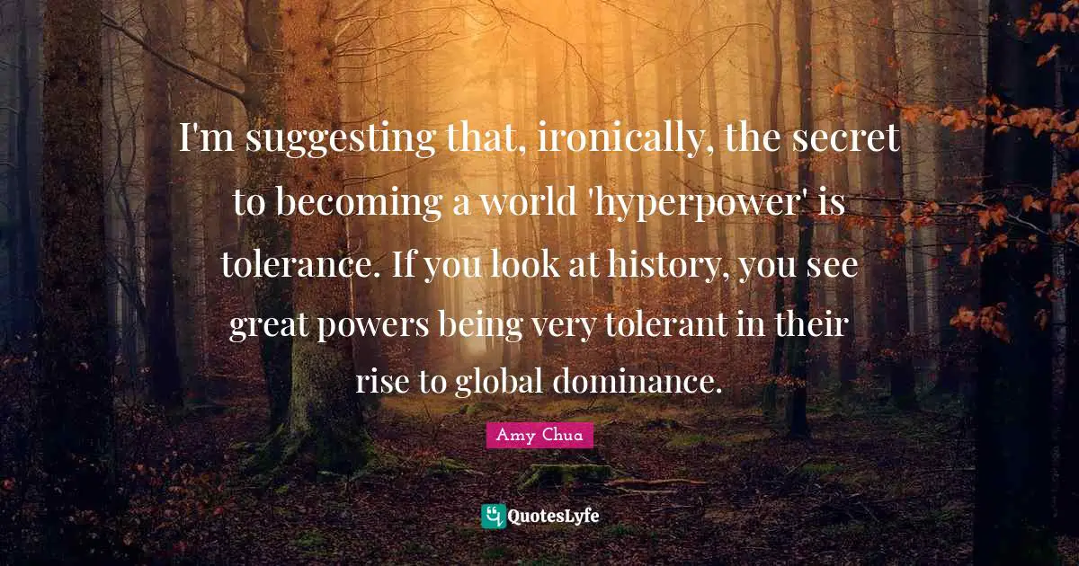 Amy Chua Quotes: "I'm suggesting that, ironically, the secret to becoming a world 'hyperpower' is tolerance. If you look at history, you see great powers being very tolerant in their rise to global dominance."