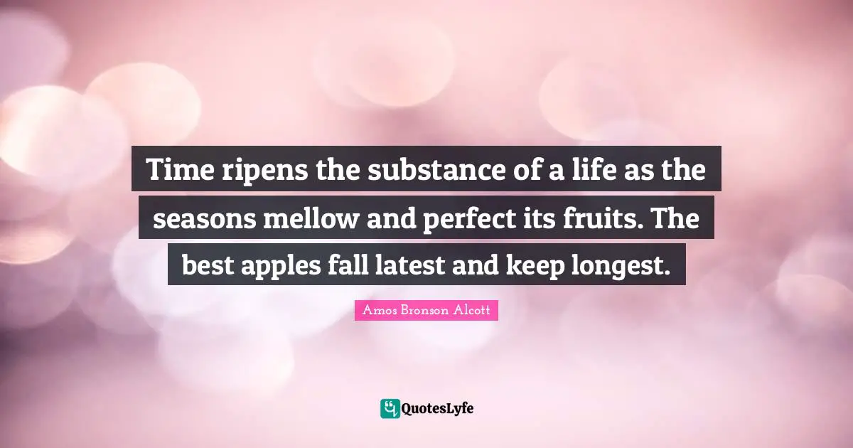 Amos Bronson Alcott Quotes: "Time ripens the substance of a life as the seasons mellow and perfect its fruits. The best apples fall latest and keep longest."