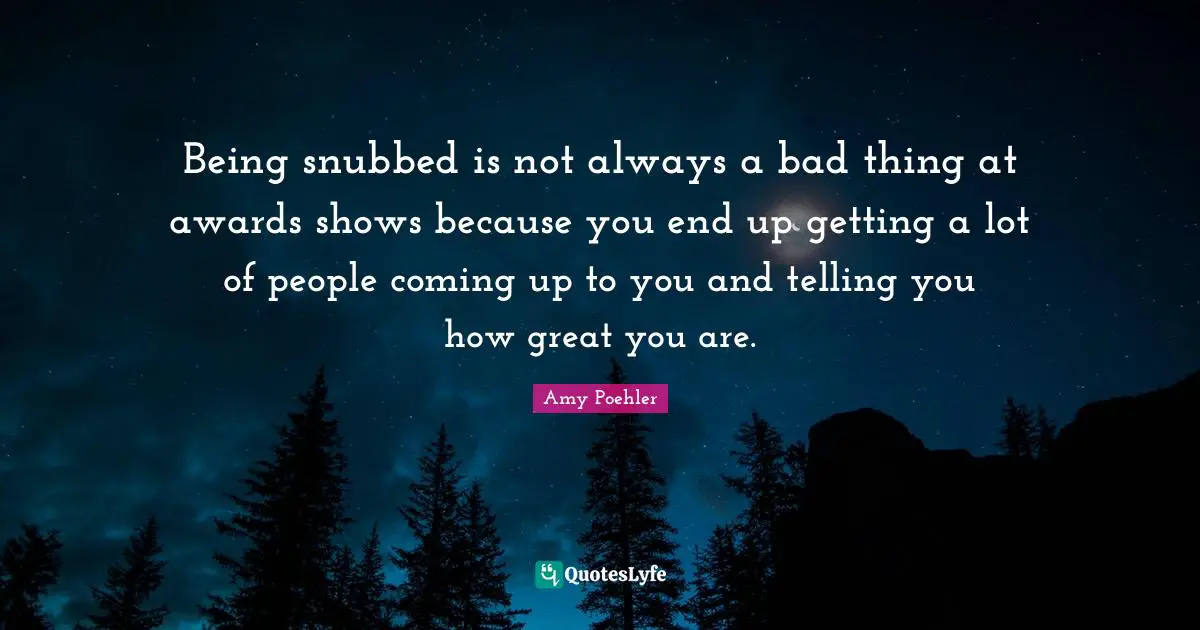 Being snubbed is not always a bad thing at awards shows because you end up getting a lot of people coming up to you and telling you how great you are.