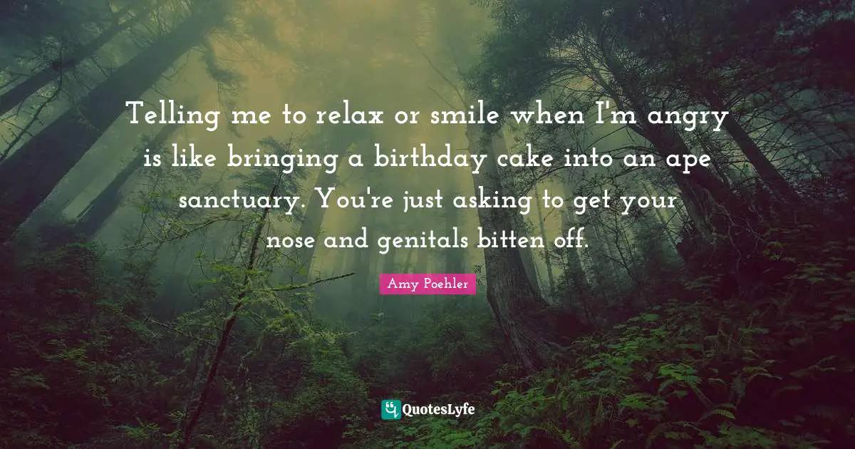 Telling me to relax or smile when I'm angry is like bringing a birthday cake into an ape sanctuary. You're just asking to get your nose and genitals bitten off.