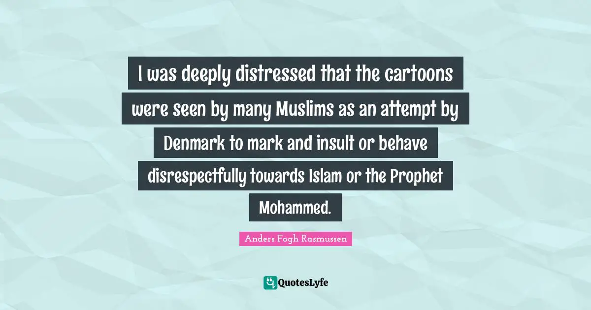 I was deeply distressed that the cartoons were seen by many Muslims as an attempt by Denmark to mark and insult or behave disrespectfully towards Islam or the Prophet Mohammed.