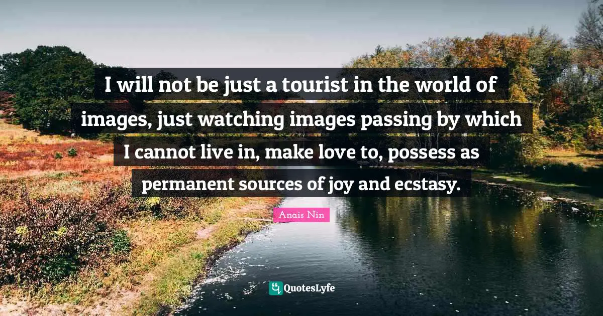 I will not be just a tourist in the world of images, just watching images passing by which I cannot live in, make love to, possess as permanent sources of joy and ecstasy.